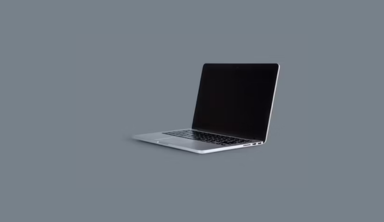 Silver laptop with dark blank screen on gray background, presented as a minimalist mockup for IT and software design purposes.